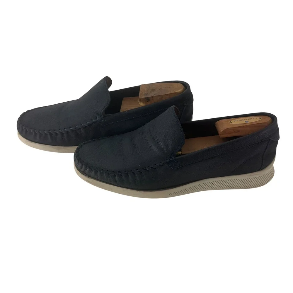 Hoddi MDV001 Mens Navy Pebbled Leather Slip On Driving Loafers Shoes Size 10